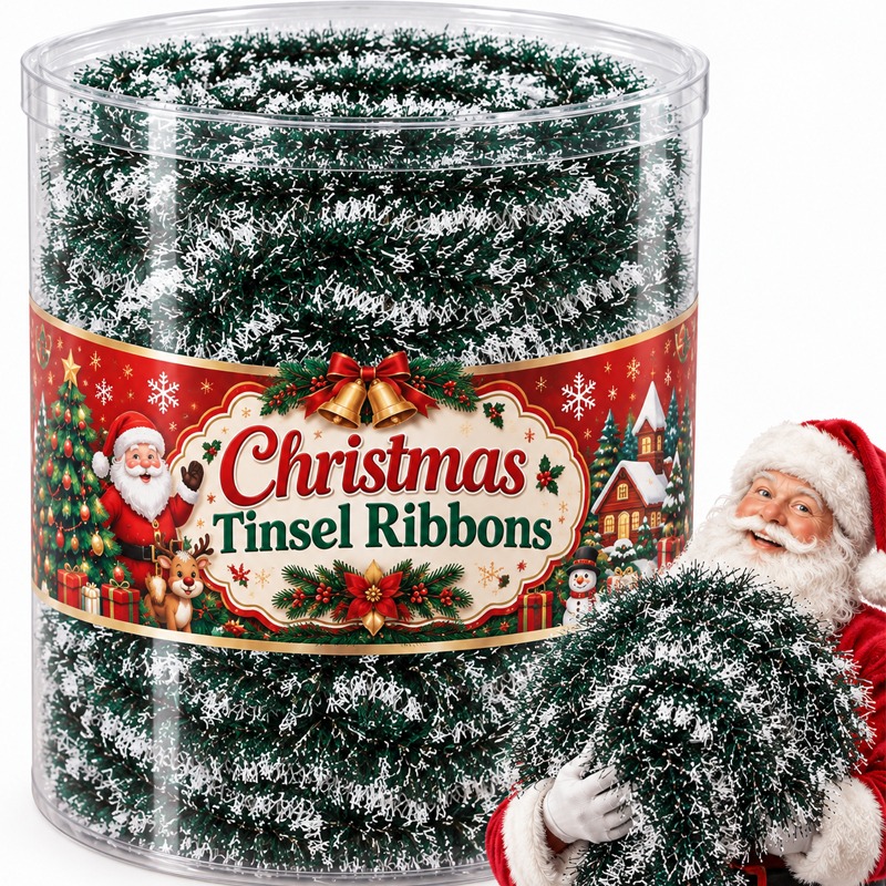 Tinsel Garland Decoration - クリスマス用のキラキラリボン、緑色のリボン、ガーランド、DIYクリスマスツリー用オーナメント、吊り飾り、リース、ホームパーティー、家庭用装飾