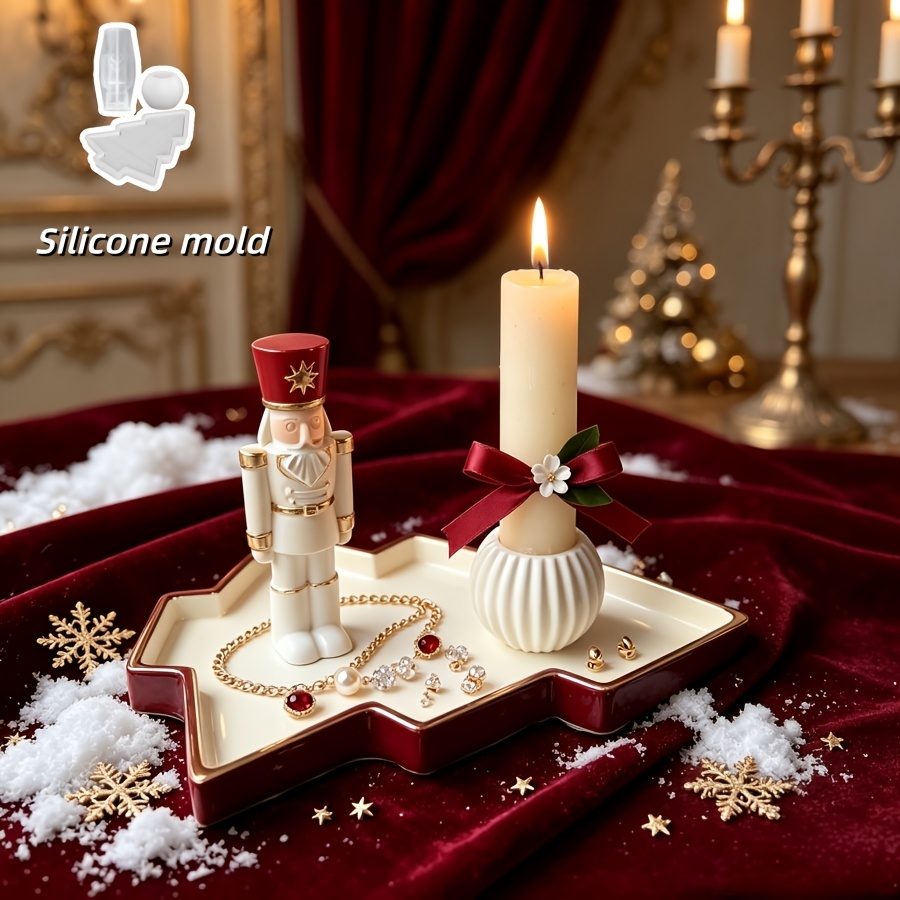 Nutcracker Figurine - くるみ割り人形兵士の球体型シリコンモールド3個セット、クリスマスツリートレイ、家の装飾、工芸品、石膏セメントモールド、再利用可能