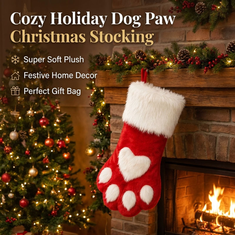 Christmas Stocking Hanging - 冬のぬいぐるみ犬の足の形をしたクリスマスストッキング、ベルベットのギフトバッグ、家の飾りとして吊るせるオーナメント、ペットの飼い主さんへのクリスマスホリデーパーティーの装飾品。