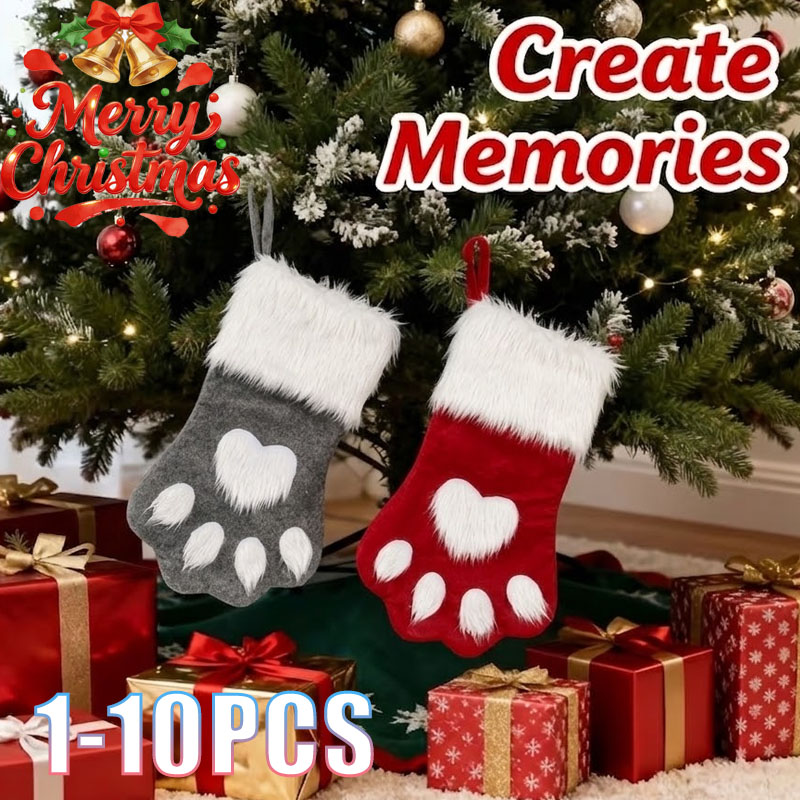 Christmas Stocking Hanging - 1-10個入り クリスマス ペットの足型ストッキング 赤とグレー 不規則な形 可愛いお祝いの飾り付け